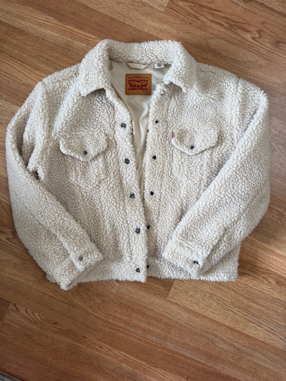 Levi's Cream Sherpa-Lined Jacket with Tan Leather Patch